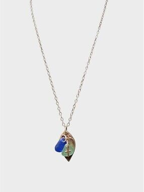 Handmade Sea Glass Cross Necklace 925 Spoon Pendant Blue Beach Glass Artisan
